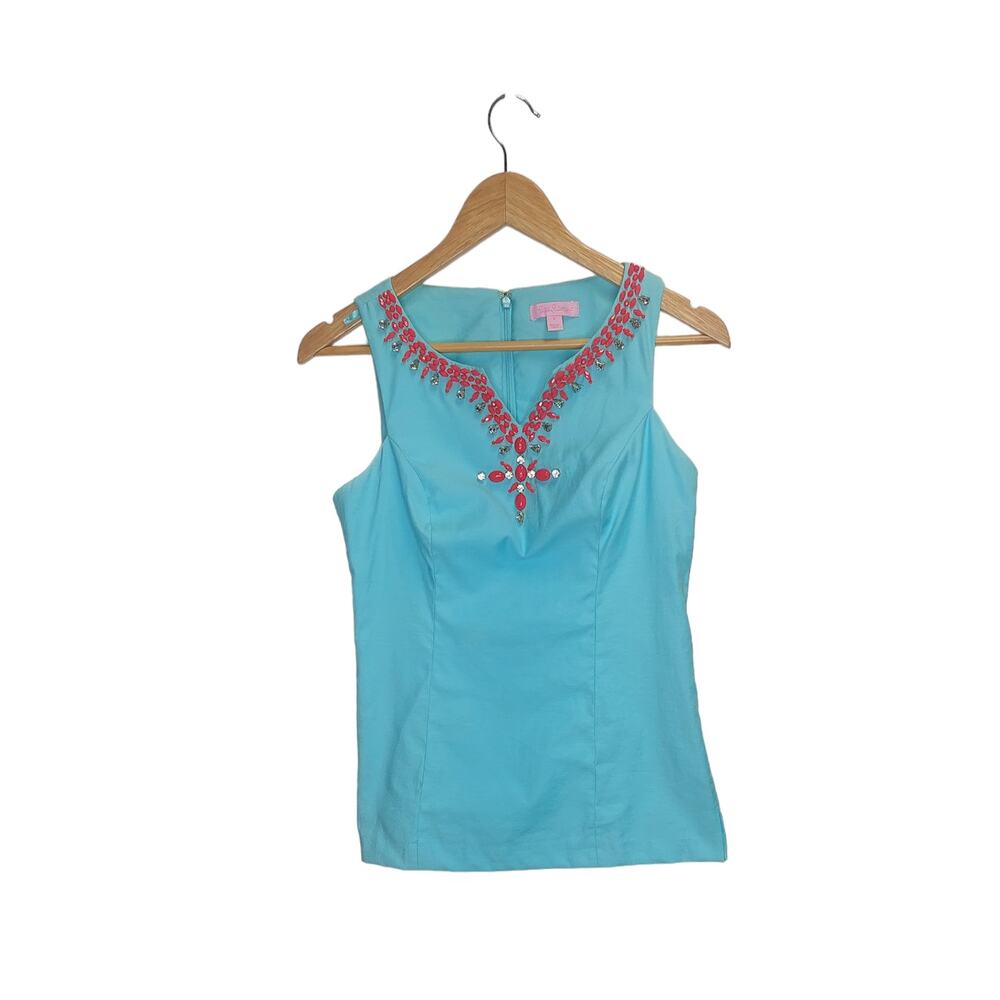 Lilly Pulitzer Jackie sz 2 Turquoise Coral Beaded V-Neck Sleeve  less Lined top